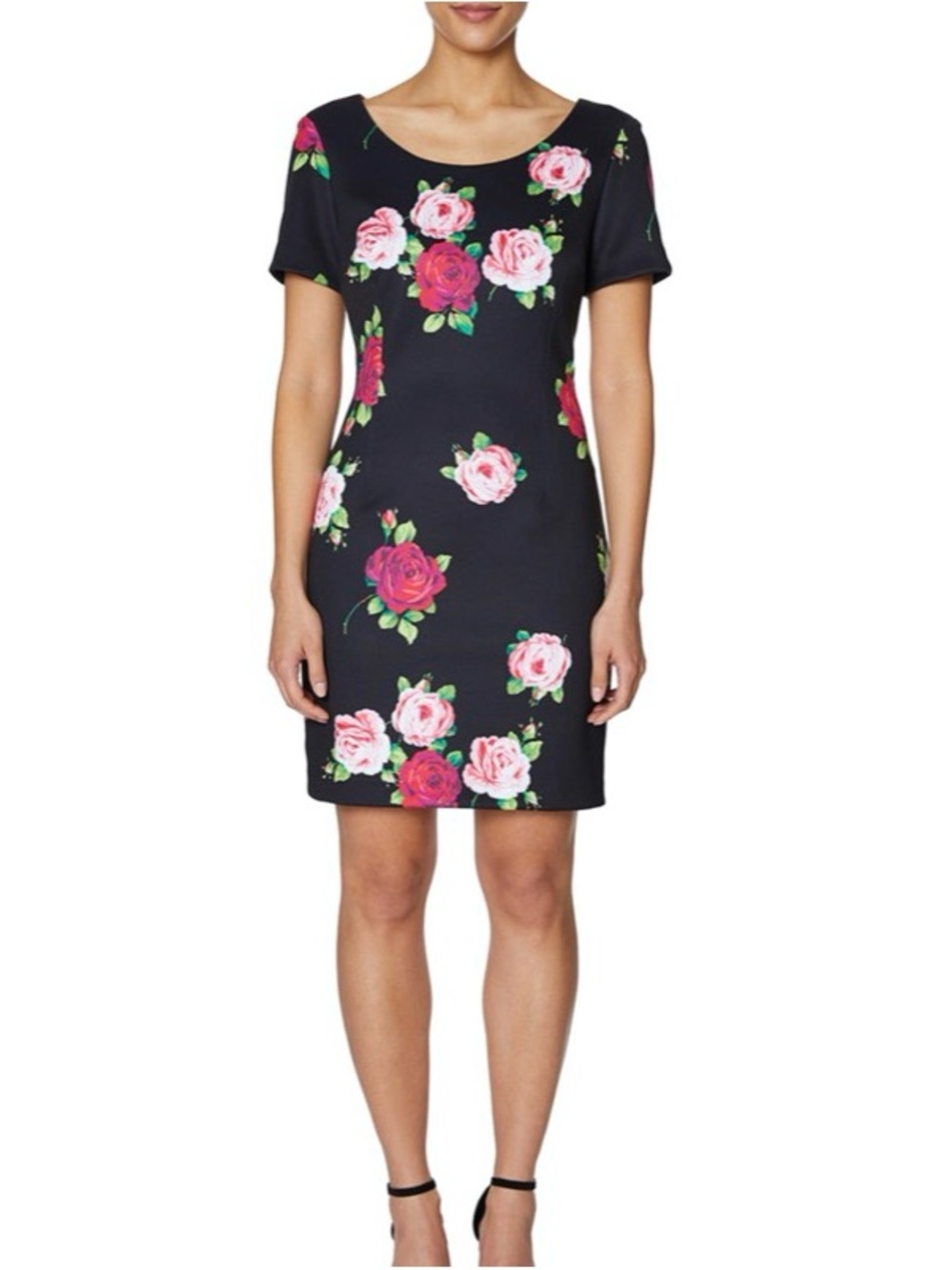 Betsey Johnson Black Mini sheath Dress with Pink Rose Print